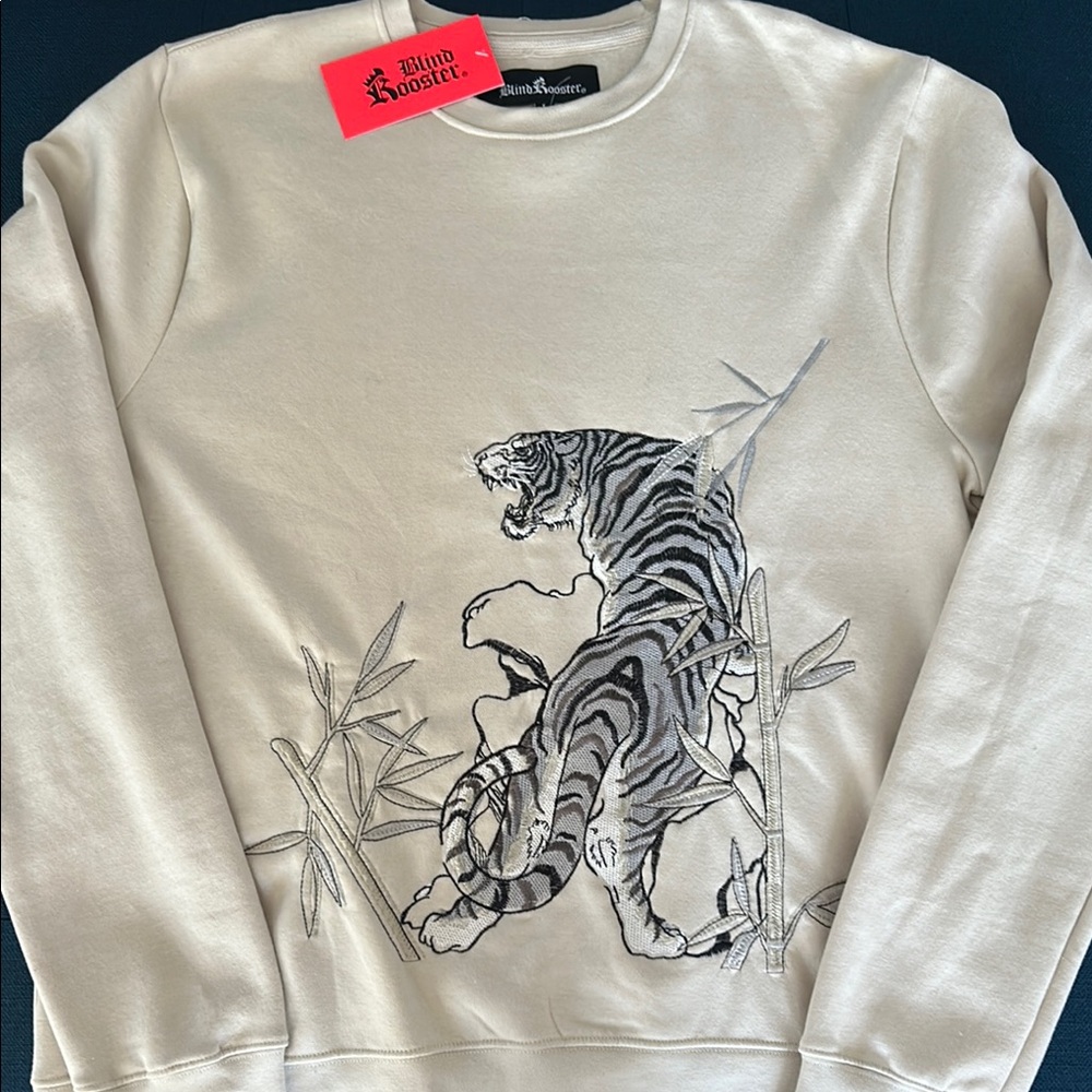 Blind Rooster Crewneck Sweatshirt with Tiger design embroidery, Asian inspired
